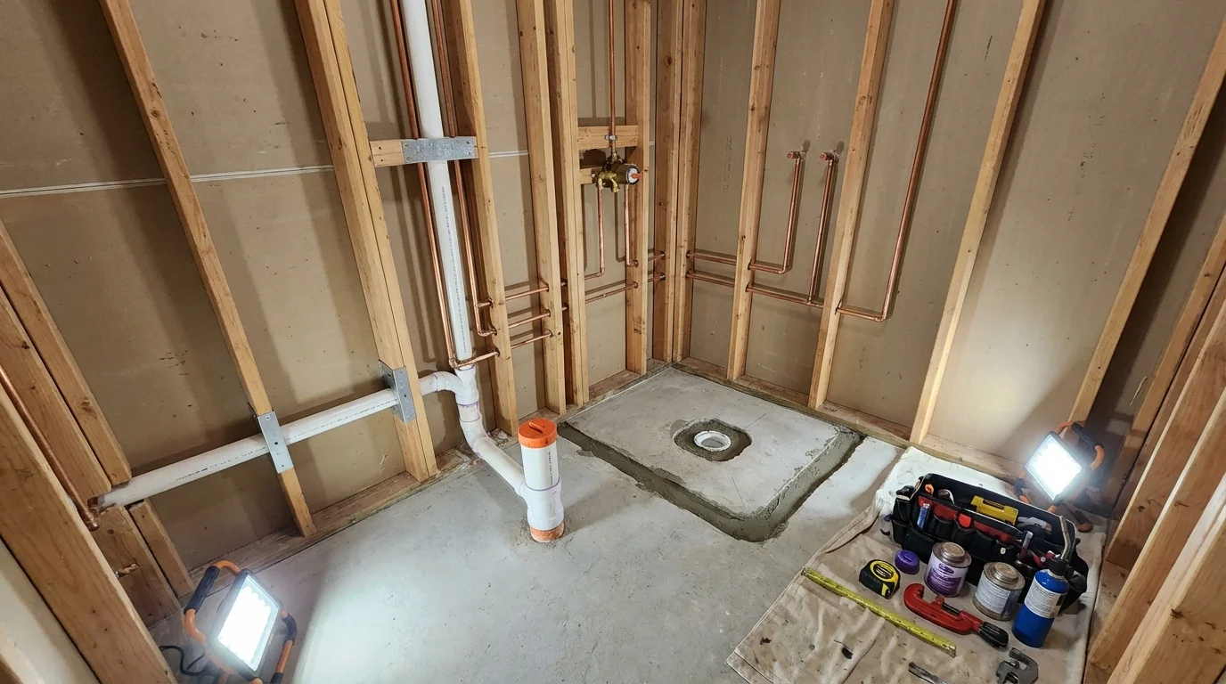 Bathroom rough-in plumbing during remodel by Johns Plumbing LLC in Pinconning