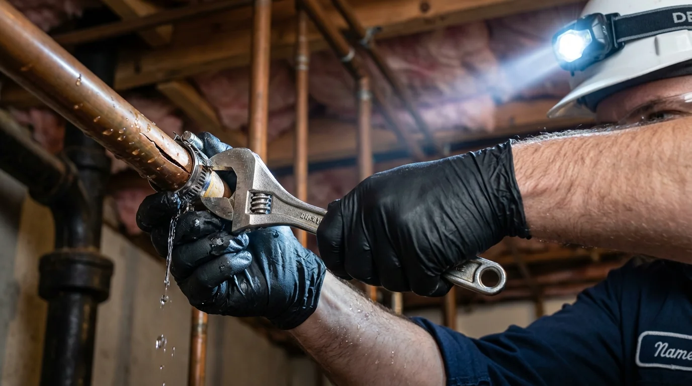 Emergency pipe clamp repair being performed by a Johns Plumbing LLC plumber in Pinconning