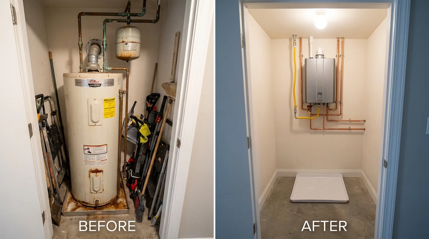 Tank water heater versus wall-mounted tankless unit comparison for Pinconning, MI homeowners