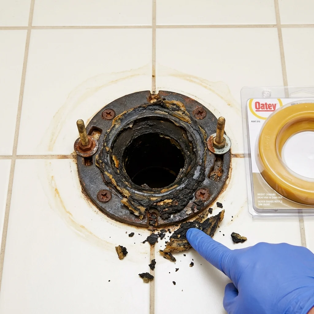 Failed wax ring showing water seepage at the base of a toilet in a Pinconning, MI home