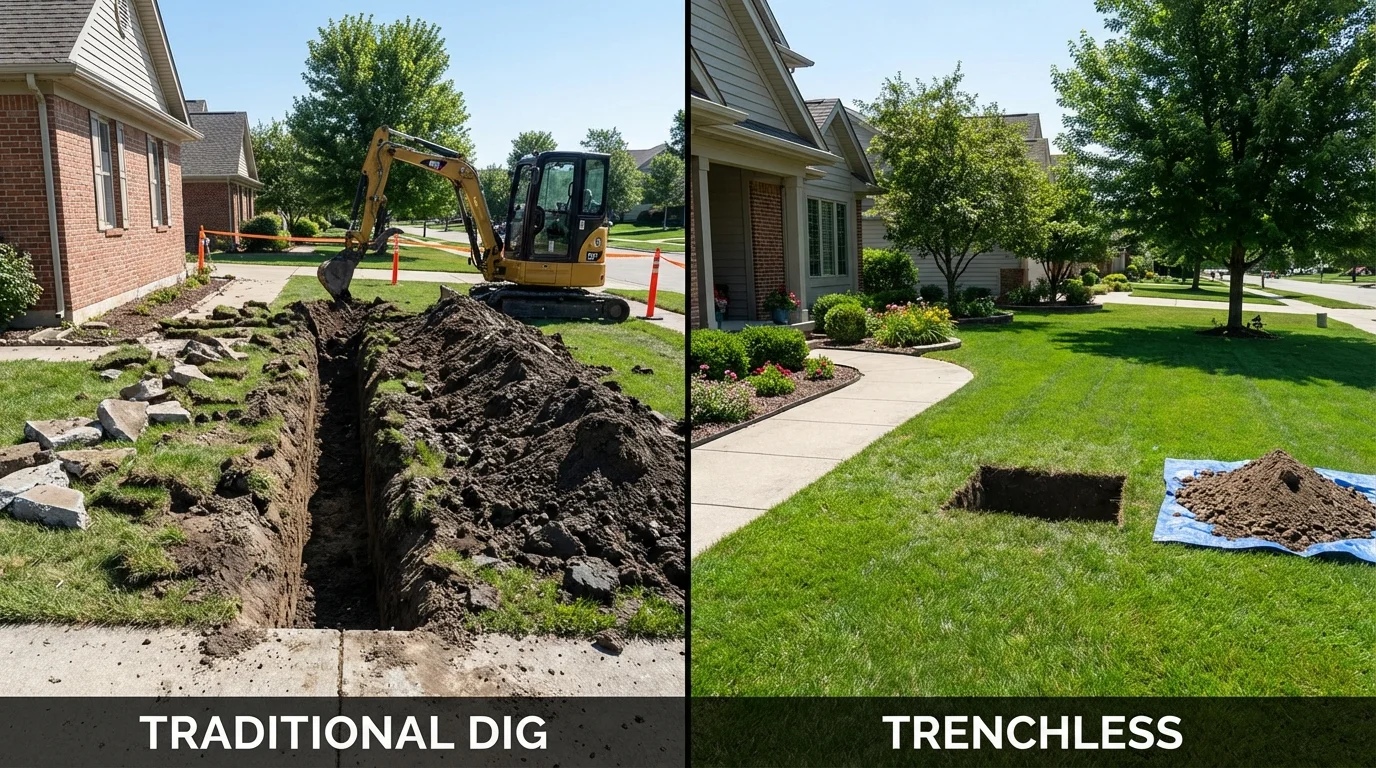 Trenchless sewer repair with minimal yard damage versus traditional excavation in Pinconning, MI